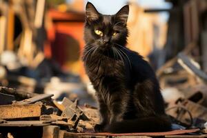 un' nero gatto seduta su un' mucchio di macerie generativo ai foto