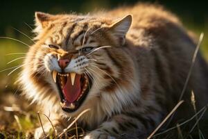 un' vicino su di un' gatto con suo bocca Aperto generativo ai foto