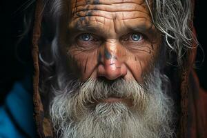 un' vicino su di un vecchio uomo con blu occhi generativo ai foto