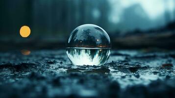 un' bicchiere palla seduta su il terra nel il pioggia generativo ai foto