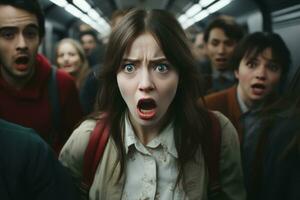 un' gruppo di persone nel un' metropolitana auto con loro bocche largo Aperto generativo ai foto