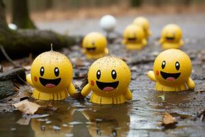 un' gruppo di giallo emoji in piedi nel un' pozzanghera di acqua generativo ai foto