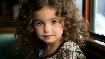 un' poco ragazza con Riccio capelli e verde occhi generativo ai foto