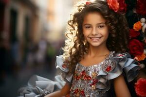 un' poco ragazza con Riccio capelli indossare un' vestito con fiori generativo ai foto