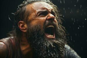 un' uomo con un' barba e lungo capelli è urlando nel il pioggia generativo ai foto