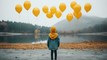 un' persona in piedi nel davanti di un' lago con giallo palloncini generativo ai foto
