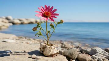 un' rosa fiore in crescita su di un' roccia su il spiaggia generativo ai foto