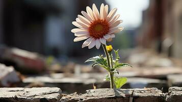 un' singolo fiore in crescita su di un' mattone parete generativo ai foto