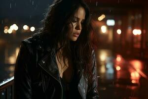 un' donna nel un' nero pelle giacca in piedi nel il pioggia foto