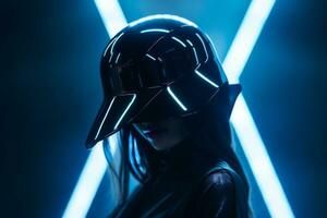 un' donna nel un' casco con neon luci dietro a sua generativo ai foto