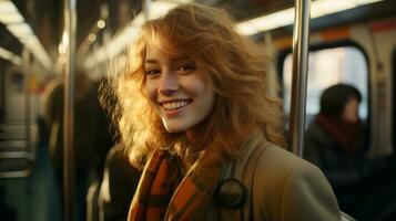 un' donna sorrisi mentre equitazione su un' metropolitana treno generativo ai foto