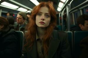 un' donna con rosso capelli seduta su un' treno foto