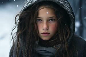 un' giovane ragazza nel un' incappucciato giacca in piedi nel il neve generativo ai foto