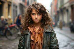 un' giovane ragazza in piedi nel il mezzo di un' città strada generativo ai foto