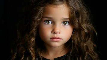 un' giovane ragazza con lungo Marrone capelli e grande verde occhi generativo ai foto