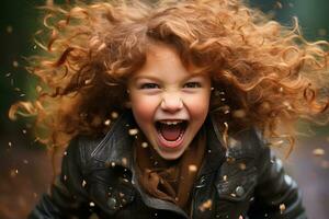 un' giovane ragazza con rosso Riccio capelli è ridendo generativo ai foto