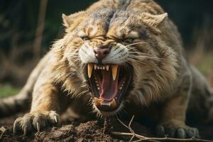 un arrabbiato tigre con suo bocca Aperto nel il sporco generativo ai foto