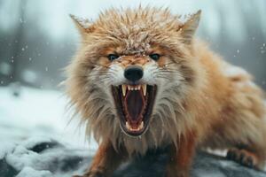 un arrabbiato rosso Volpe con suo bocca Aperto nel il neve generativo ai foto