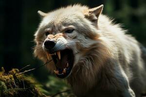 un arrabbiato bianca lupo con suo bocca Aperto generativo ai foto