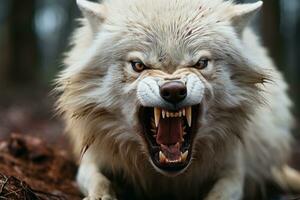 un arrabbiato bianca lupo con suo bocca Aperto generativo ai foto