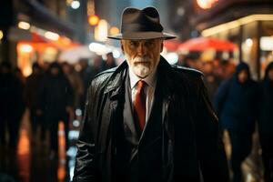 un vecchio uomo nel un' cappello e cappotto a piedi giù un' città strada generativo ai foto