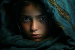 un Immagine di un' giovane ragazza avvolto nel un' coperta generativo ai foto
