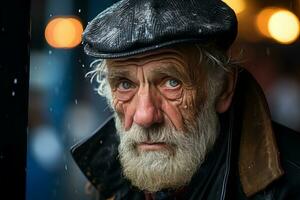 un vecchio uomo con un' barba e cappello guardare su il finestra generativo ai foto