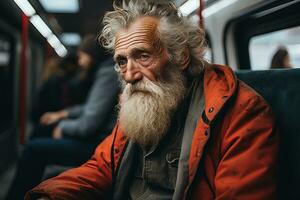 un vecchio uomo con un' lungo barba seduta su un' treno generativo ai foto