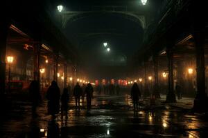 persone a piedi nel il buio a notte nel un vecchio edificio generativo ai foto
