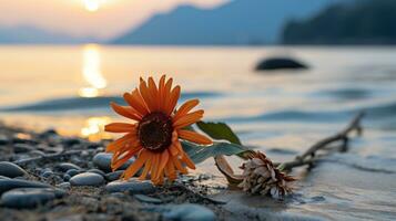 girasole su il spiaggia a tramonto generativo ai foto