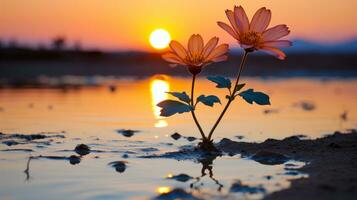 Due fiori siamo in piedi nel il acqua a tramonto generativo ai foto