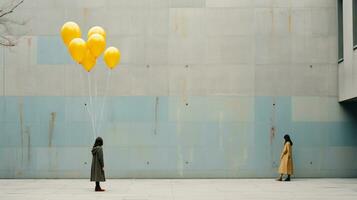 Due persone in piedi nel davanti di un' edificio con giallo palloncini generativo ai foto