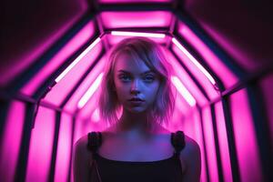 un' donna nel un' rosa tunnel con neon luci generativo ai foto