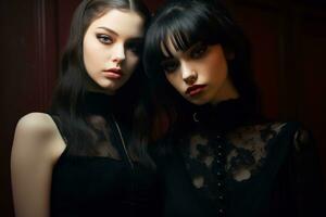 Due giovane donne nel nero vestiti in posa per il telecamera generativo ai foto