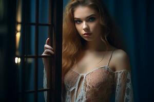 un' bellissimo giovane donna nel un' merlettato biancheria intima in piedi nel davanti di un' finestra generativo ai foto