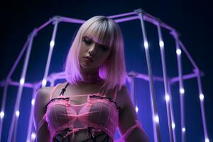un' donna nel un' corsetto con neon luci in giro sua generativo ai foto