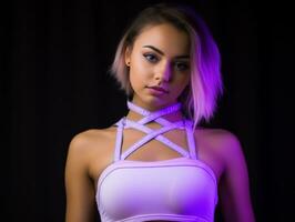 un' giovane donna nel un' bianca reggiseno superiore con viola illuminazione generativo ai foto