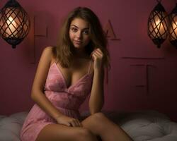 bellissimo giovane donna nel rosa vestito seduta su letto generativo ai foto