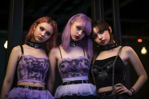 tre giovane donne nel Gotico abiti in piedi Il prossimo per ogni altro generativo ai foto