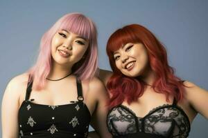 Due asiatico donne con rosa capelli in posa per il telecamera generativo ai foto