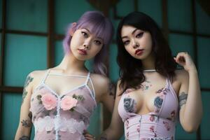Due asiatico donne con tatuaggi in posa per il telecamera generativo ai foto