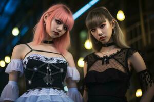 Due donne vestito nel Gotico capi di abbigliamento in piedi Il prossimo per ogni altro generativo ai foto