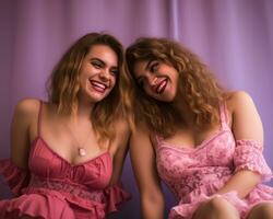 Due giovane donne nel rosa vestiti in posa per il telecamera generativo ai foto