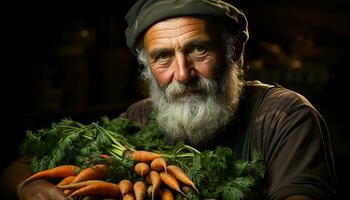 uno anziano uomo, contadino, Tenere biologico carota, guardare contento generato di ai foto