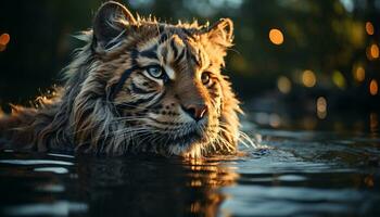 maestoso Bengala tigre fissando, bellezza nel natura tranquillo scena generato di ai foto