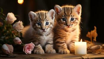carino gattino giocando con giocattolo, circondato di lume di candela bellezza generato di ai foto