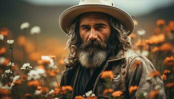 un' sorridente anziano uomo, all'aperto nel natura, guardare a telecamera generato di ai foto