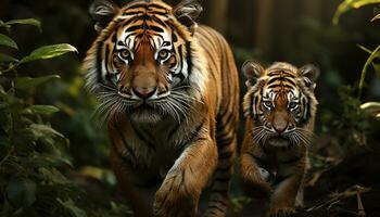 Bengala tigre cucciolo fissando, selvaggio bellezza nel natura la tranquillità generato di ai foto
