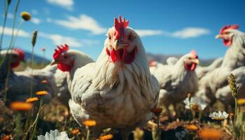 maestoso Gallo canto nel il verde prato, circondato di natura generato di ai foto