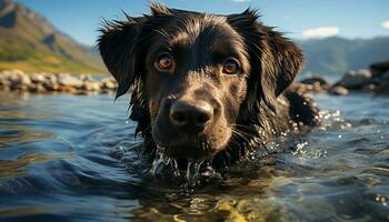 carino cucciolo nuoto nel natura, lealtà riflessa nel acqua generato di ai foto